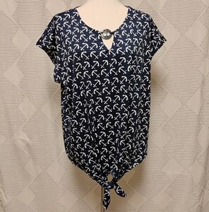 Tacera Navy Anchor Print Women's Top Tie Front Size XL Short Sleeve
